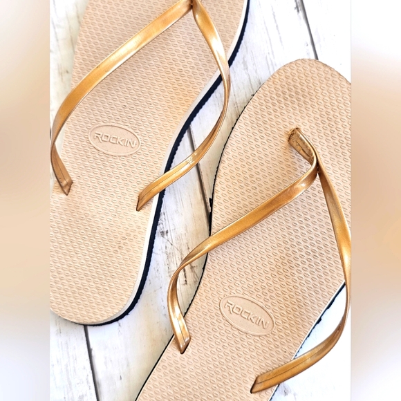 Rockin Luxury Cream Beige Metallic Gold Gel Strap Flip Flops Sandals Jelly Strap - Picture 4 of 7